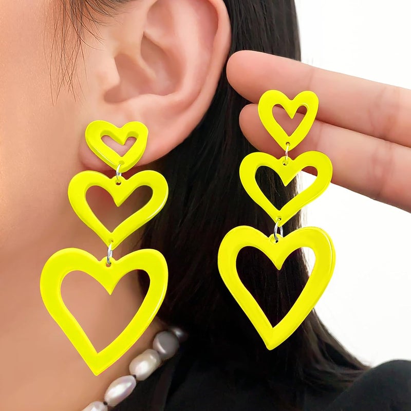 HOLYRY Neon Heart Earrings for Women Acrylic Neon Earrings 80s 90s Outfit for Women Glow Party Accessories Gifts Hot Pink Orange Green Yellow - Image 2